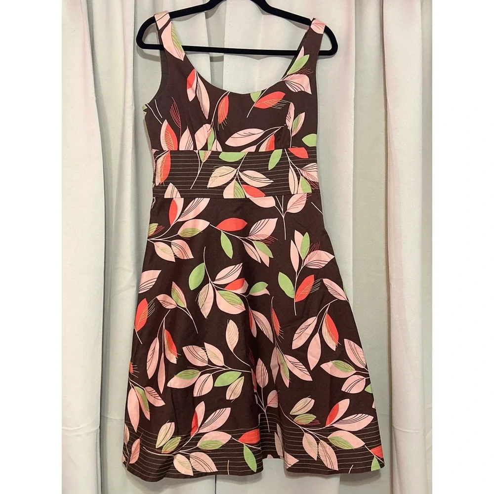 Dressbarn Cotton Leaf Print Fit & Flare‎ Dress 8 Brown Pink Green Sleeveless